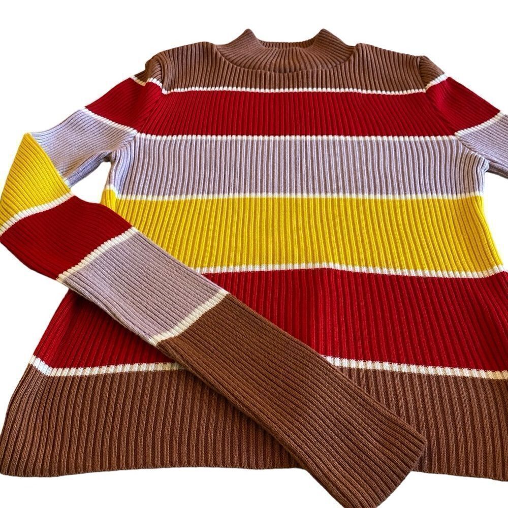 EUC Retro Striped Cotton Mock Turtleneck Sweater with Extra Long Sleeves - Picture 1 of 6